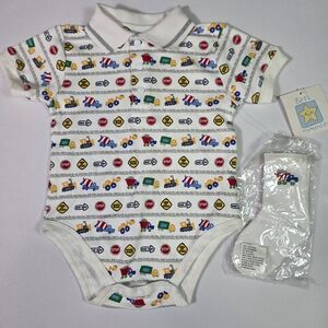 Vintage Y2K Baby Romper Set First Moments 6-9M Construction Trucks Polo